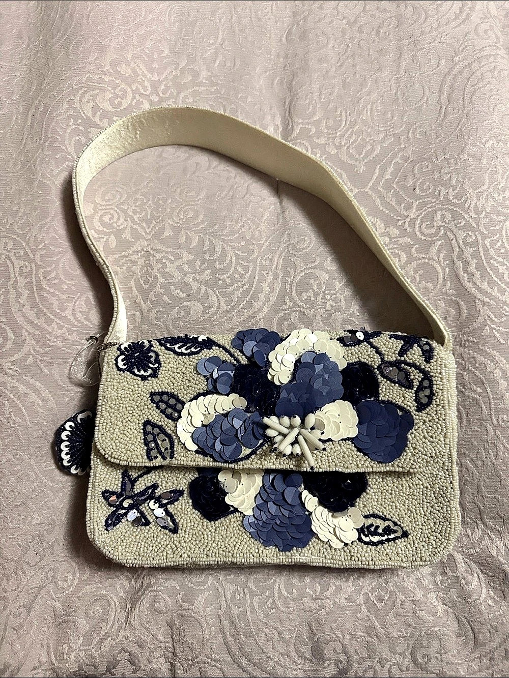 Beaded Floral Shoulder Bag in White & Blue Like New